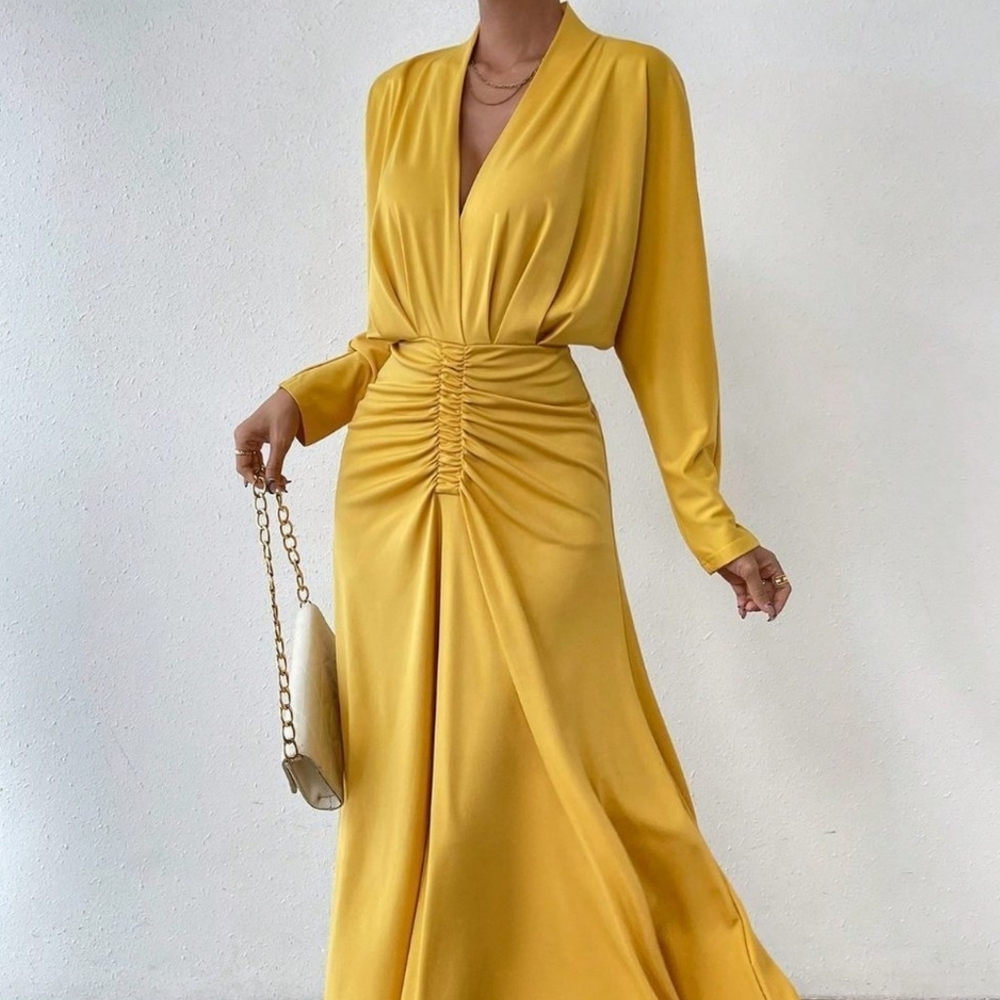 Yellow Preppy Womens Solid Ruched Front Ruched Waist A-line Dress - Picture 3 of 4